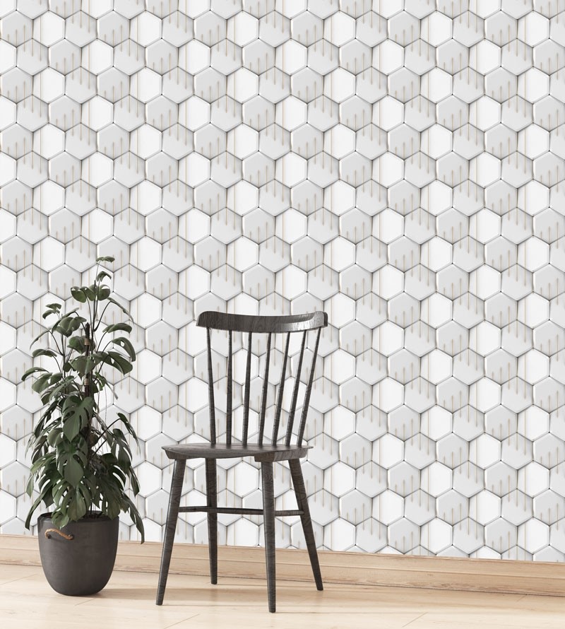 Papel de Parede 3D Hexágono Em tons de branco, cinza e amarelo