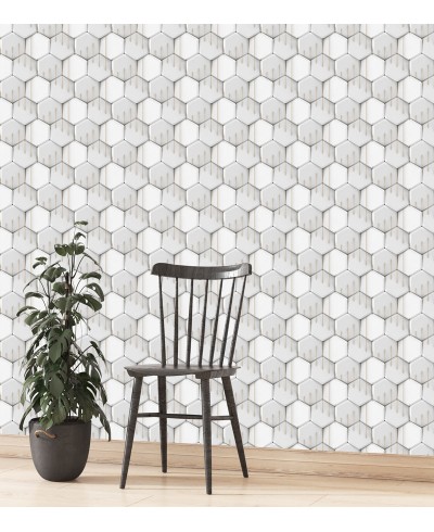 Papel de Parede 3D Hexágono Em tons de branco, cinza e amarelo
