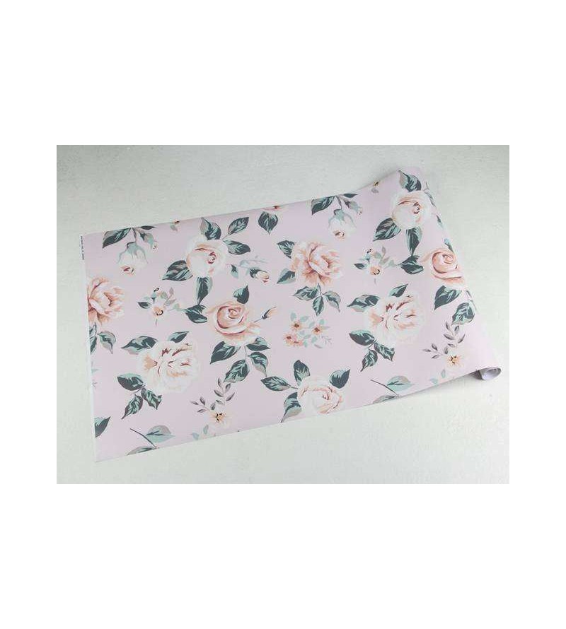 Papel de parede vintage rose floral rosa e azul com fundo rosa claro