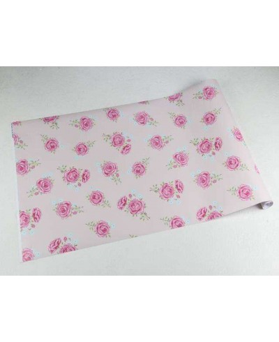 Papel de parede com fundo rosa claro, flores em tons rosa e azul, e folhas em tons verdes - Rose 09