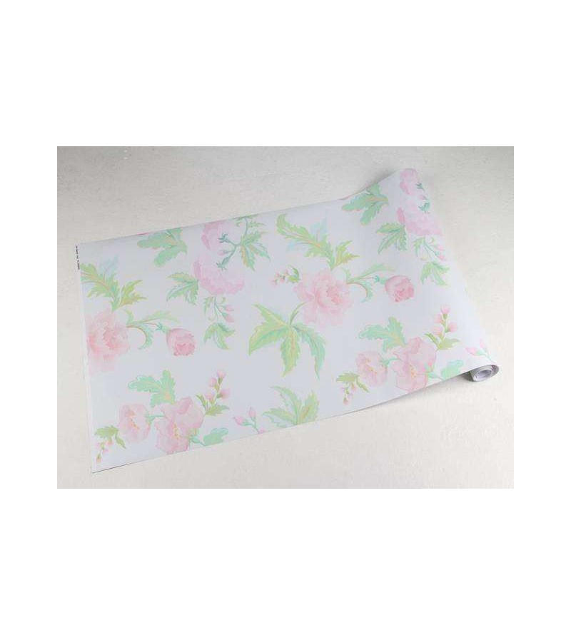 Papel de parede floral vintage verde e rosa com fundo azul
