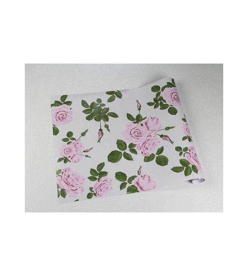 Papel de parede floral romântico fundo branco gelo, com detalhes em verde e rosa