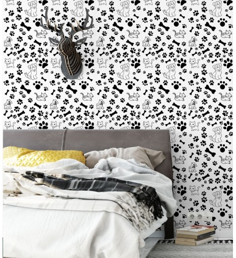 Papel De Parede Adesivo de pegadas e cachorros preto e branco