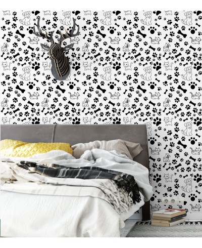 Papel De Parede Adesivo de pegadas e cachorros preto e branco