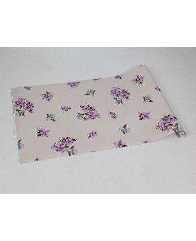 Papel de parede floral tons nude, flores roxas com galhos em verde musgo, tons de azul - Encanto 01