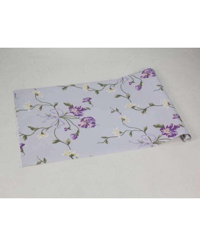 Papel de parede floral tons claros de azul, branco e amarela, folhagem em verde musgo e fundo roxo - Encanto 08