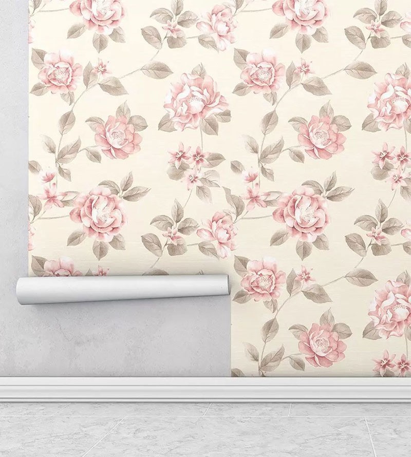 Papel de parede em tons bege, cinza e rosa -...