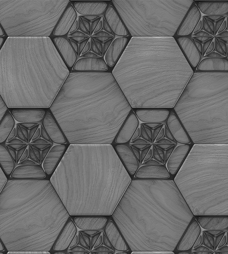 Papel de Parede 3D Hexágono Com Tons Cinza Escuro