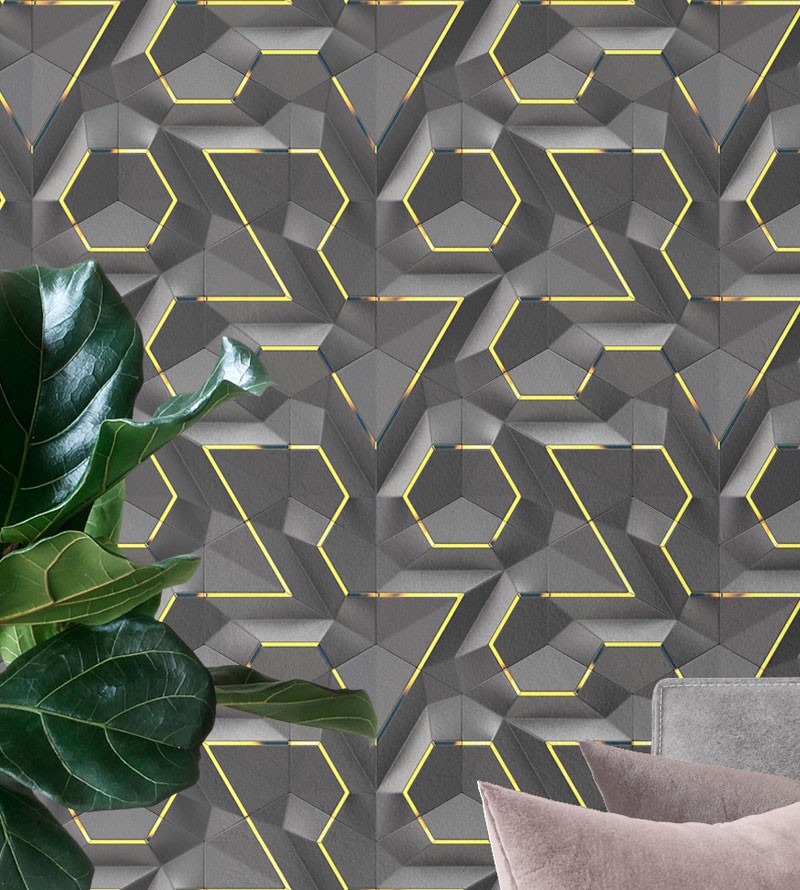 Papel de Parede 3D Hexágono Tons Escuros e Amarelo