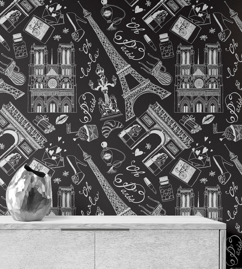 Papel de Parede Preto e Desenhos Paris Branco