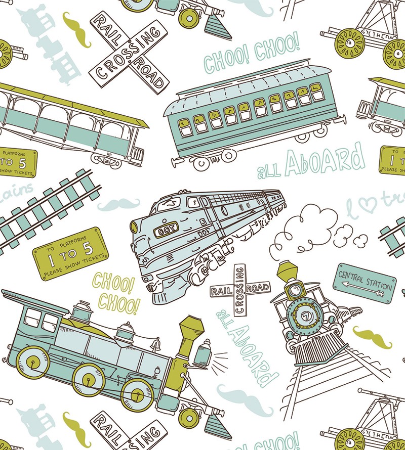 Papel De Parede Desenho Vintage Trens Azuis