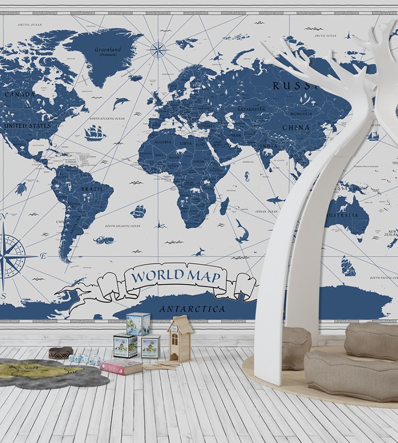 Papel de Parede Foto Mural Mapa Mundi Vintage Blue