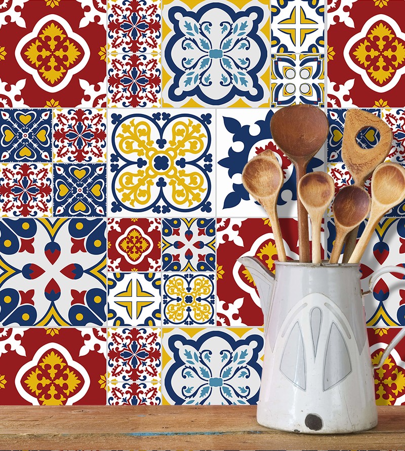 Adesivo Azulejo Lavável Azul Vermelho Amarelo E...