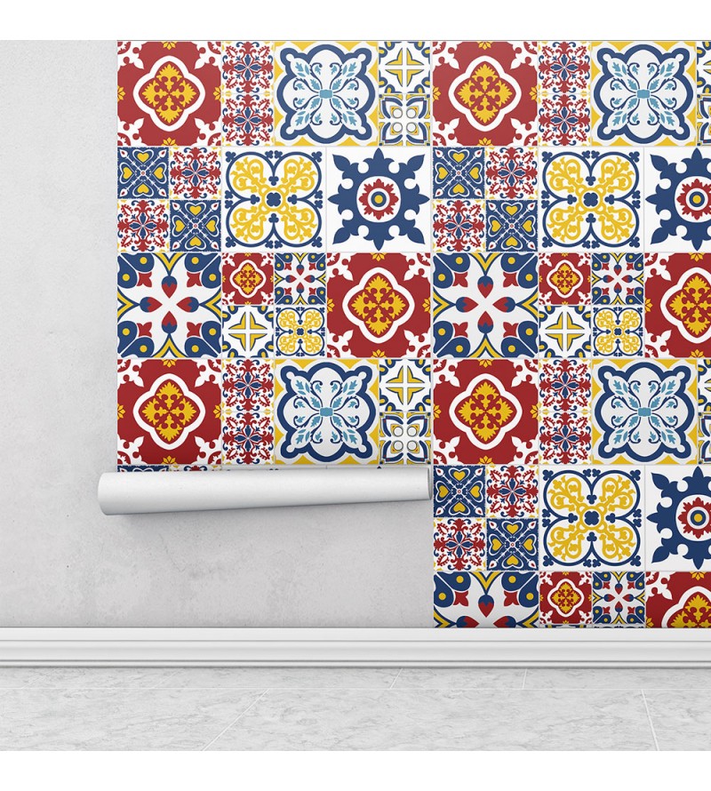 Adesivo Azulejo Lavável Azul Vermelho Amarelo E...