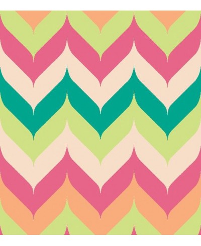 Papel de parede chevron com listras em zigue zague em laranja, amarelo, rosa, bege e verde.