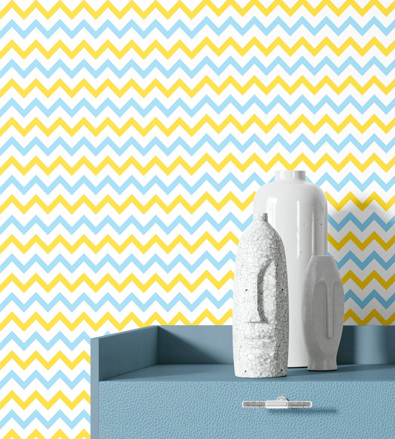Papel de Parede Chevron em Tons Azul e Amarelo