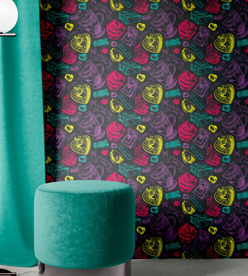 Papel de Parede Café Preto com Rabiscos Coloridos