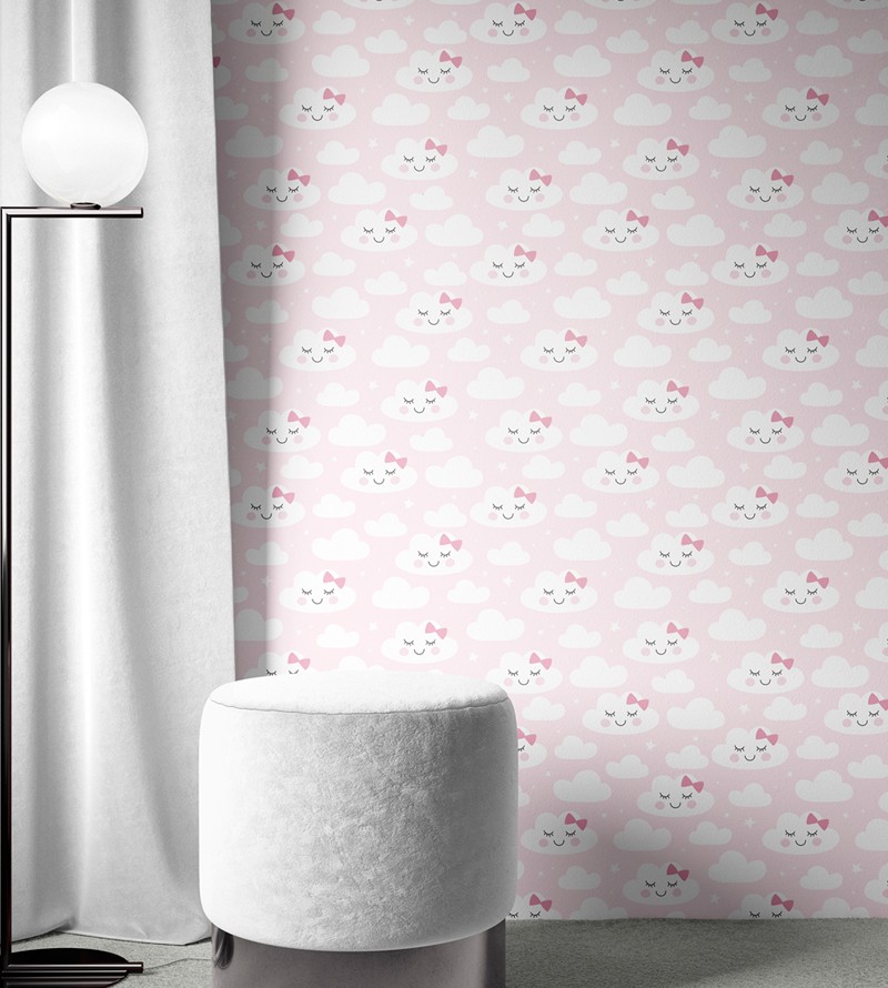 Papel de Parede Bebê Fofura Nuvens com Laço Rosa