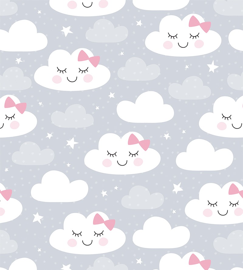 Papel de Parede Bebê Nuvens Laço com Fundo Cinza