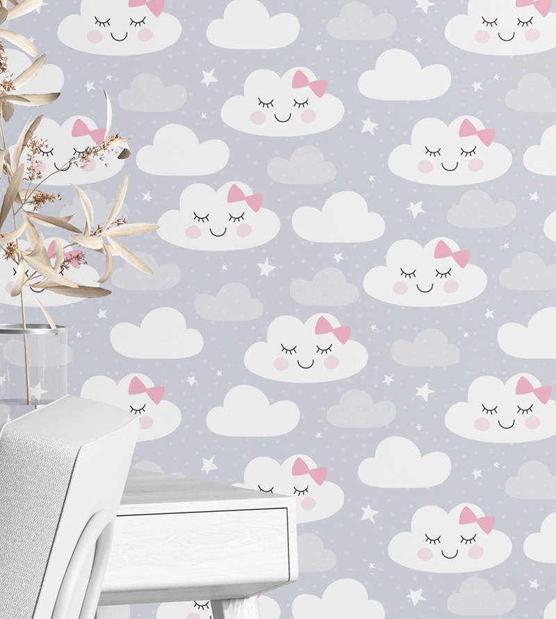Papel de Parede Bebê Nuvens Laço com Fundo Cinza