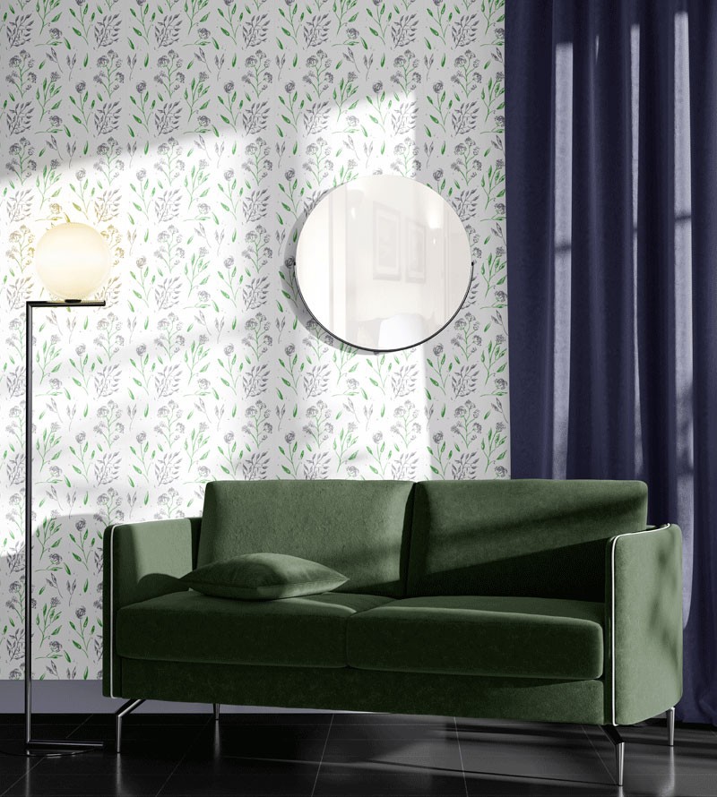 Papel de Parede Floral em Ramas Roxa e Verde