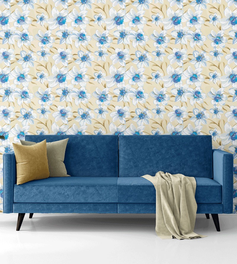 Papel de Parede Floral Azul com Fundo Bege