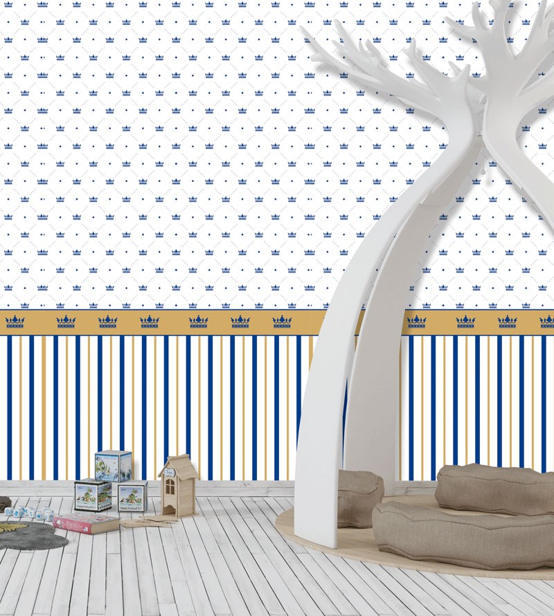 Papel de Parede Marinho Coroa Listrado com...