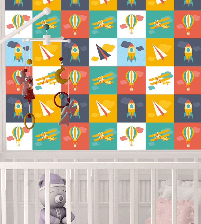 Papel de Parede Colorido com Aviões, Foguetes e...