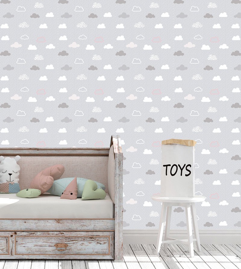 Papel de Parede Infantil Nuvens com Fundo Cinza
