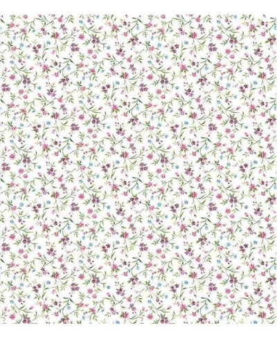 Papel de parede floral com fundo branco e pequenas flores em rosa, roxo e vermelho, detalhes verdes e tons azuis - Floral 22