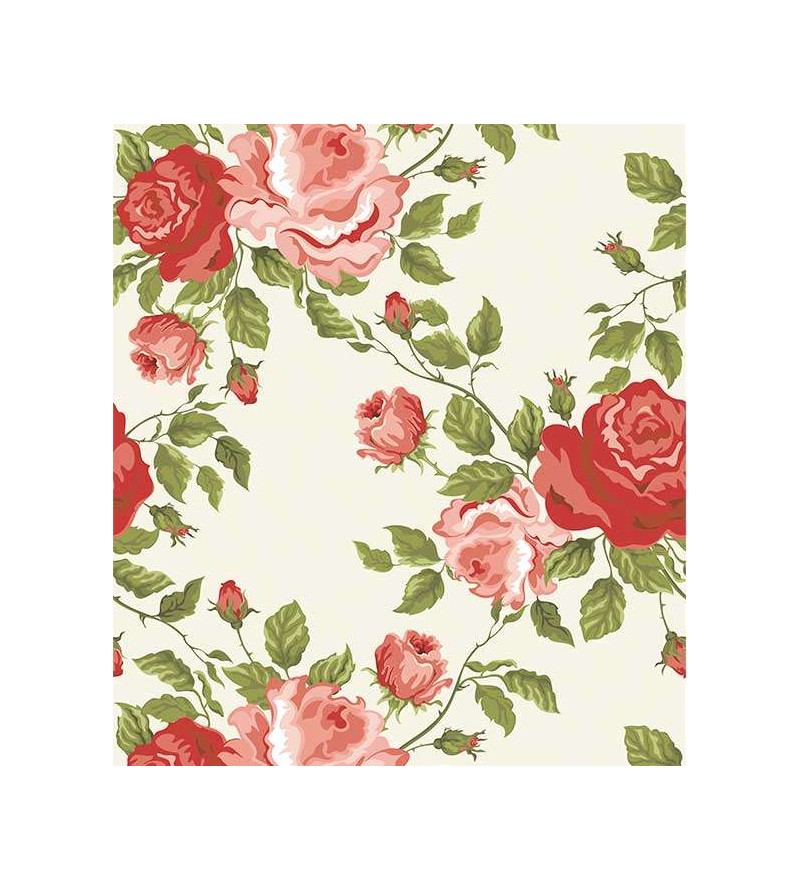Papel de parede floral com fundo bege, flores em tons de vermelho e rosa com folhagem verde - Floral 32