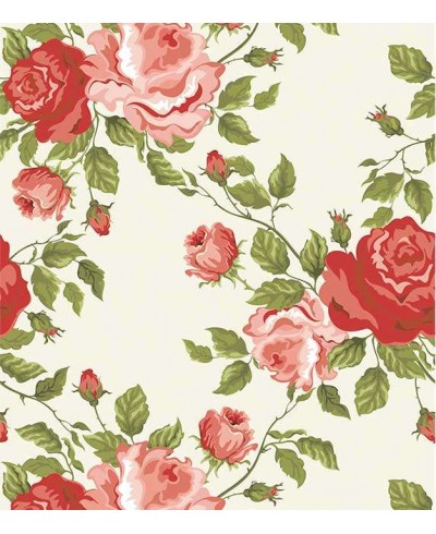 Papel de parede floral com fundo bege, flores em tons de vermelho e rosa com folhagem verde - Floral 32