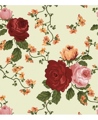 Papel de parede com flores vermelhas e rosas, folhagem verde com detalhes em laranja, fundo em tons de verde - Floral 33