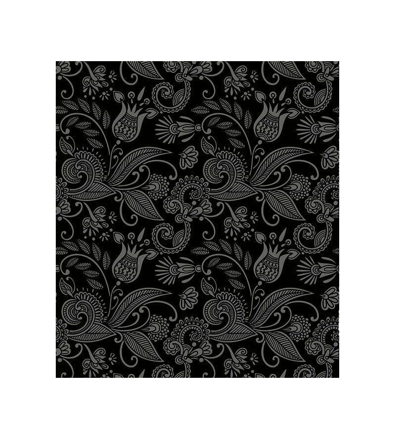 Papel de parede com fundo preto e desenhos na cor cinza - Floral 39