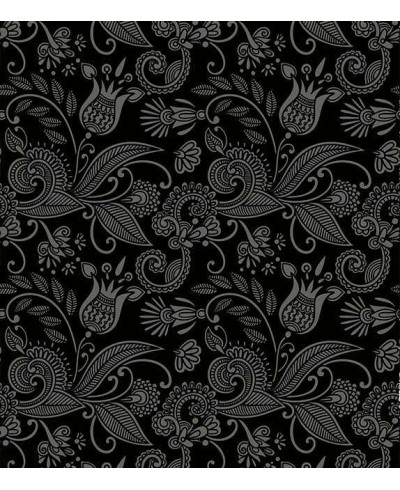 Papel de parede com fundo preto e desenhos na cor cinza - Floral 39