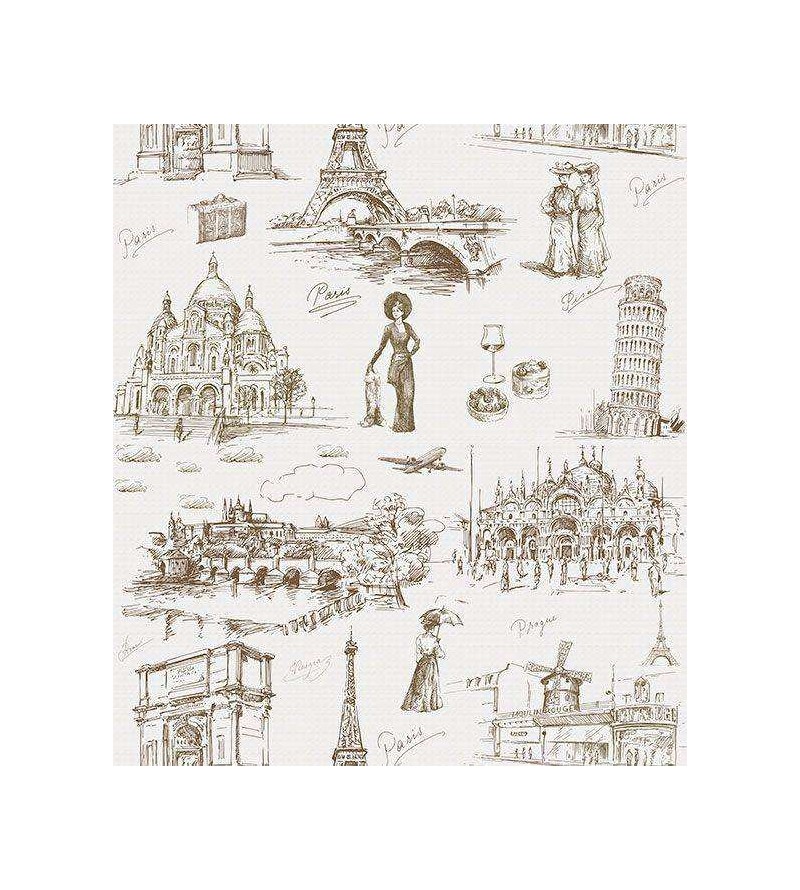 Papel de parede com fundo branco e desenhos em tons cinza