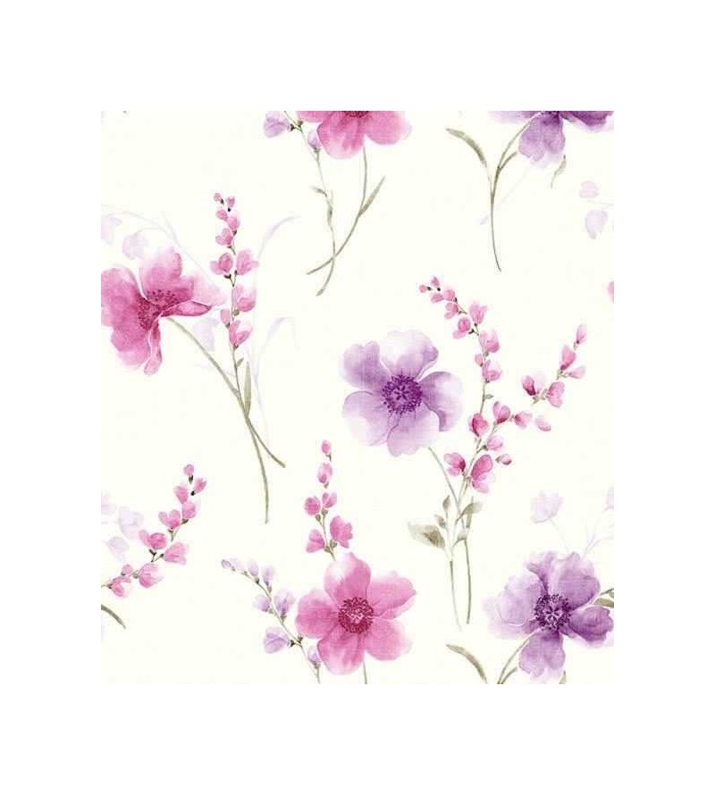 Papel de Parede Floral Com Ramos em Rosa e Roxo