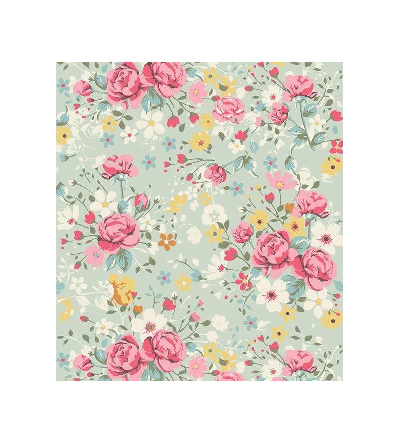Papel de parede romântico cor rose, branco, verde musgo, amarelo e fundo verde acinzentado