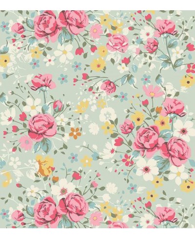 Papel de parede romântico cor rose, branco, verde musgo, amarelo e fundo verde acinzentado