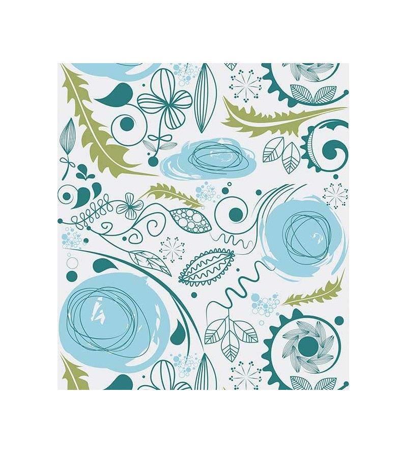 Papel de parede floral, flores azuis com detalhes em azul petróleo e folhagem verde - Floral 59