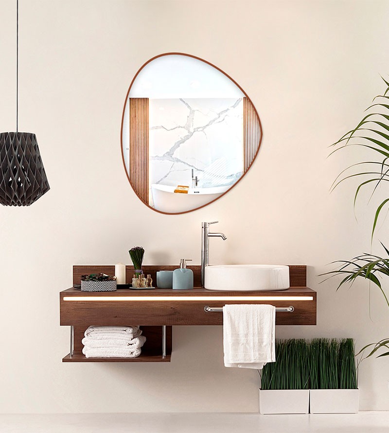 Espelho Orgânico Decorativo com Borda em Couro...