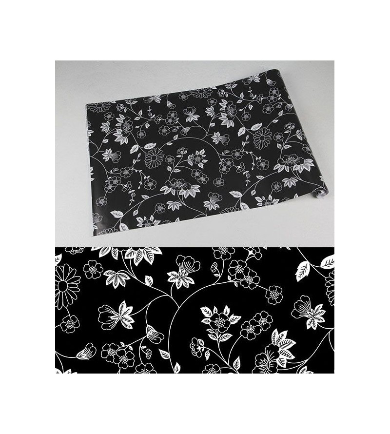 Papel de parede com estilo floral com estampa de flores brancas e fundo preto - Floral 06