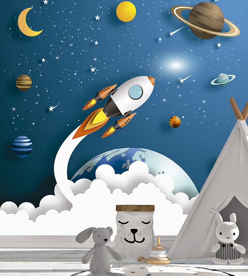 Papel de Parede Infantil Fotomural Foguete no...