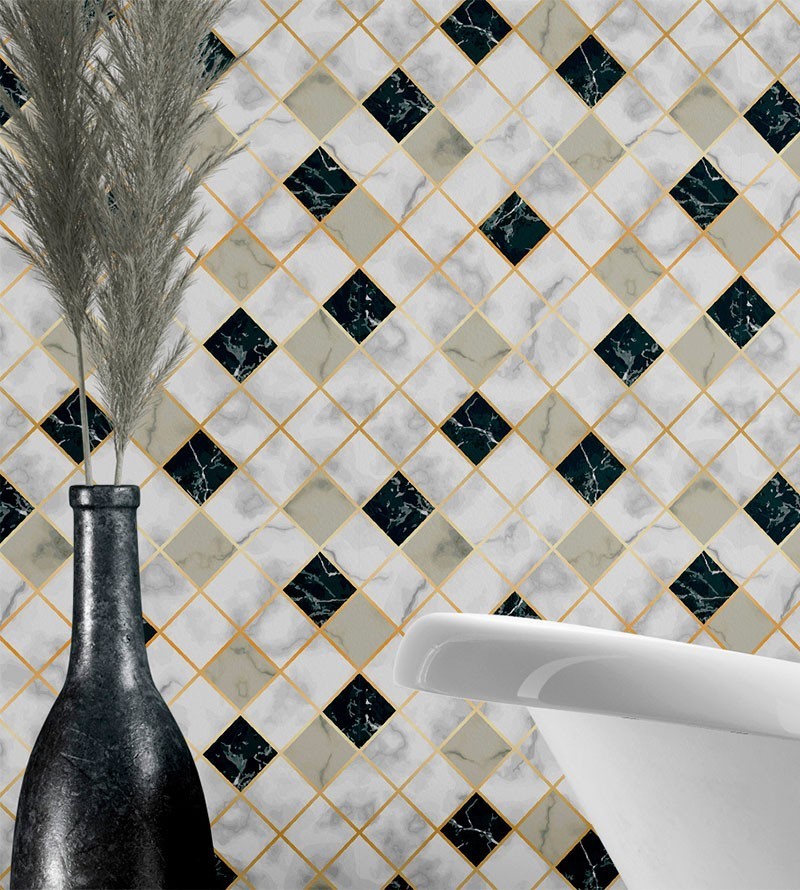 Papel de Parede Azulejo Quadrados de Mármore Gold