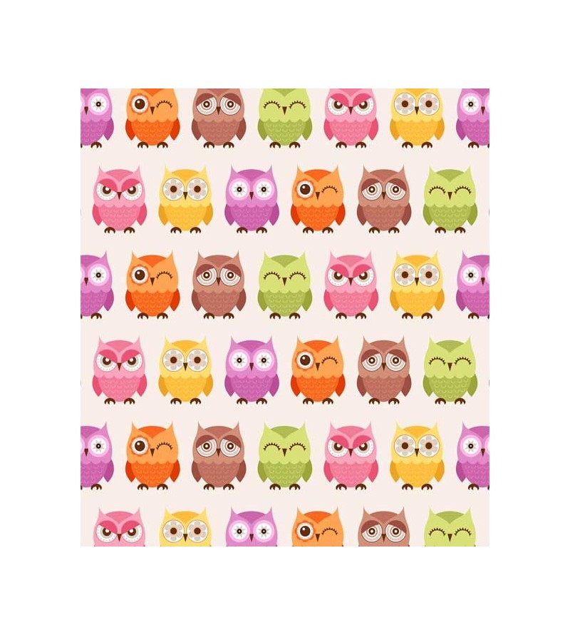 Papel de Parede com fundo na cor branca, com corujinhas em variadas cores e caras - Kids 01