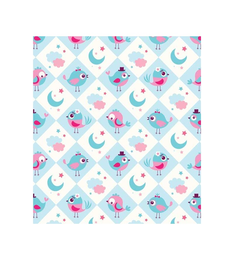 Papel de Parede com fundo na cor branca, e azul com passarinhos em azul e rosa - Kids 06