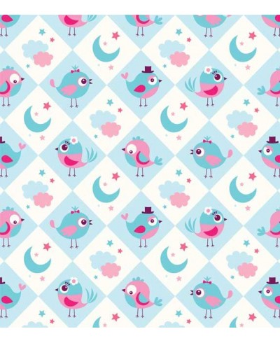 Papel de Parede com fundo na cor branca, e azul com passarinhos em azul e rosa - Kids 06