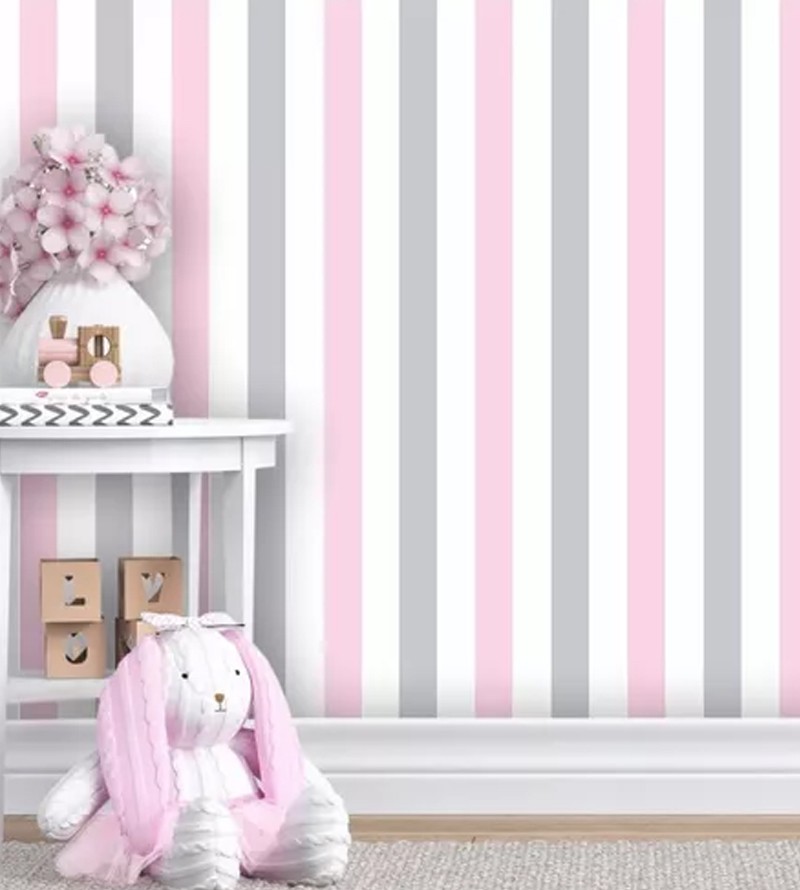Papel de Parede Listrado Tons de Rosa Cinza e...