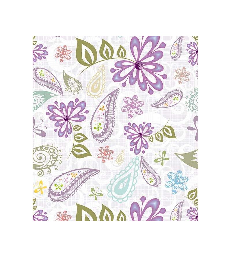 Papel de parede com fundo roxo claro e branco, desenhos em tons de roxo, verde, azul e amarelo - Floral 90