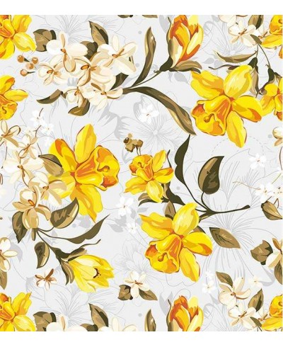 Papel de parede floral com cores rusticas, em tons de amarelo, laranja, marrom, cinza e verde com fundo cinza claro - Floral 94